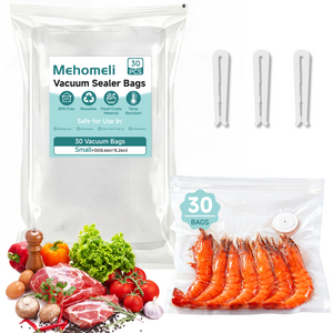 Mehomeli Reusable Vacuum Sealer Bags for Food – 30 BPA-Free Small (8.66in × 8.26in) Food Storage Bags, Freezer Microwave Safe, Odor-Resistant, Leak-Proof – Compatible with Handheld Vacuum Sealers