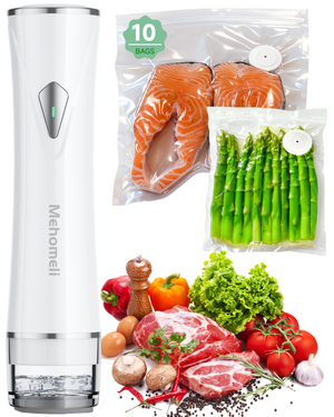 Compact Vacuum Sealer for Food (Vacuum Sealer Machine + 10 Reusable Vacuum Bags), Powerful Handheld Vacuum Sealer Machine, Seal Food 6X Fresh Longer, Portable & Wireless, Easy-Clean