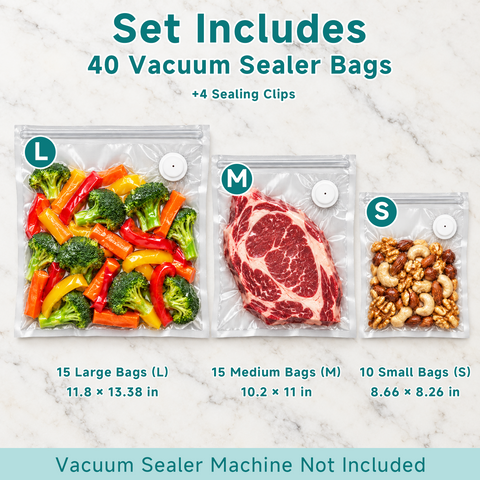 Reusable Vacuum Sealer Bags – Mixed Sizes, 40-Pack