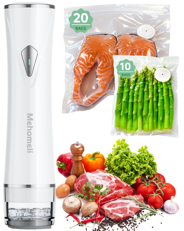 Compact Vacuum Sealer for Food (Vacuum Sealer Machine + 30 Reusable Vacuum Bags), Powerful Handheld Vacuum Sealer Machine, Seal Food 6X Fresh Longer, Portable & Wireless, Easy-Clean