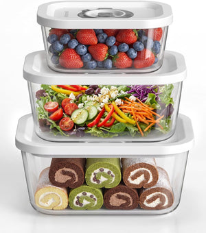 Glass Vacuum Seal Containers for Food Storage, 3pcs set [1x Small, 1x Medium, 1x Large],Works with Handheld Vacuum Sealer for Freezer, Liquid & Delicate Foods,BPA-Free, with Date Tracking Lid