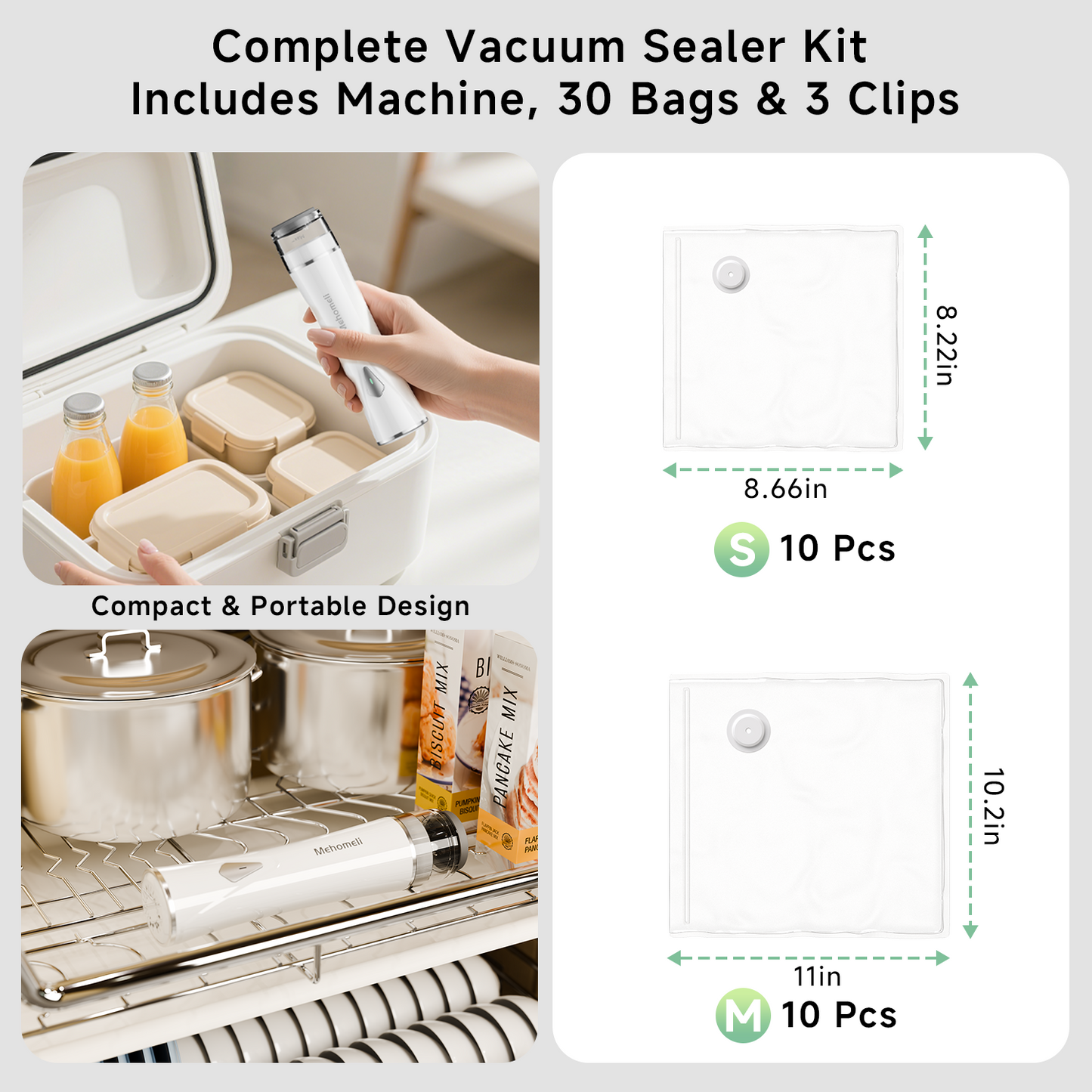 Compact Vacuum Sealer for Food (Vacuum Sealer Machine + 30 Reusable Vacuum Bags), Powerful Handheld Vacuum Sealer Machine, Seal Food 6X Fresh Longer, Portable & Wireless, Easy-Clean